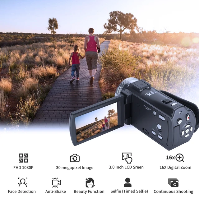 Alt view image 2 of 7 - HDV-V12 Video Camera Full HD Camcorder Digital Recorder 1080P 30FPS 30MP 3.0 Inch Rotation LCD 16X Digital Zoom Infrared Night Vision - Black (V12+16GB Card)