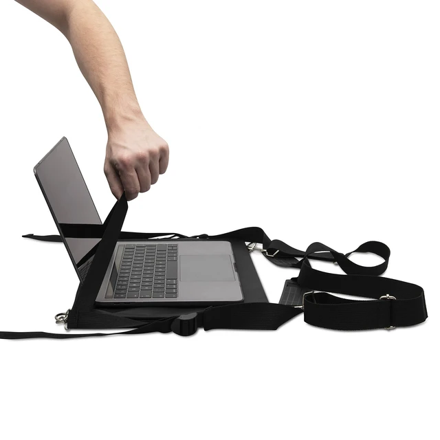 Alt view image 4 of 7 - Laptop Harness - Walking Desk-Hands Free Portable Wearable Desk with Adjustable Straps for up to 16" Laptop, MacBook, Notebook- Complete with Microfiber Cloth