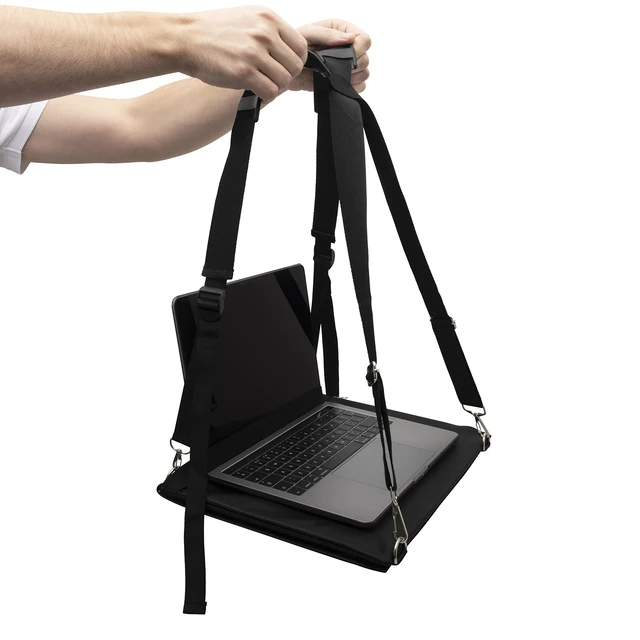 Alt view image 5 of 7 - Laptop Harness - Walking Desk-Hands Free Portable Wearable Desk with Adjustable Straps for up to 16" Laptop, MacBook, Notebook- Complete with Microfiber Cloth