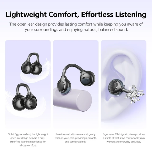 Alt view image 7 of 7 - Open Ear Clip on Earbuds Bluetooth 6.0, Powder Case with LED Mirror, Detachable Crystal Butterfly Ear Clips & Bracelet, IPX6 40H Playtime, Cute Wireless Earbuds for Women Girls Gifts (Black)