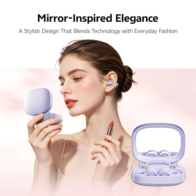Alt view image 2 of 7 - Open Ear Clip on Earbuds Bluetooth 6.0, Powder Case with LED Mirror, Detachable Crystal Butterfly Ear Clips & Bracelet, IPX6 40H Playtime, Cute Wireless Earbuds for Women Girls GiftsPurple