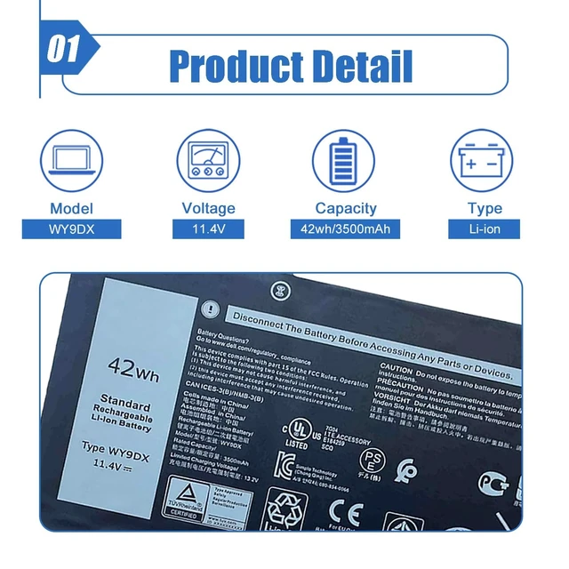 Alt view image 2 of 6 - 42wh WY9DX Laptop Battery Replace for Dell Precision 15 3560 Latitude 5420 5520 Series RJ40G 0WK3F1 0M3KCN 005R42 01K2CF 075X16 11.4V 3500mAh