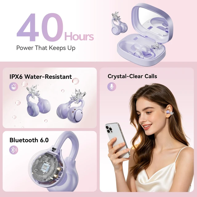 Alt view image 4 of 7 - Open Ear Clip on Earbuds Bluetooth 6.0, Powder Case with LED Mirror, Detachable Crystal Butterfly Ear Clips & Bracelet, IPX6 40H Playtime, Cute Wireless Earbuds for Women Girls GiftsPurple