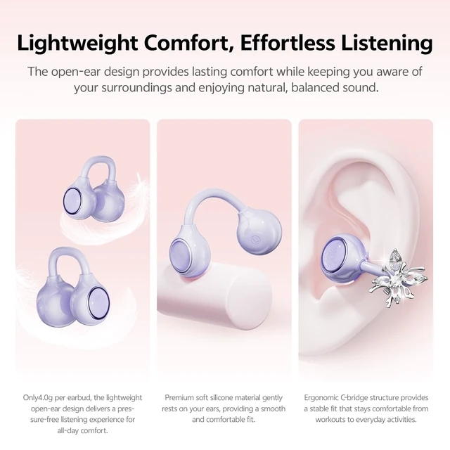 Alt view image 7 of 7 - Open Ear Clip on Earbuds Bluetooth 6.0, Powder Case with LED Mirror, Detachable Crystal Butterfly Ear Clips & Bracelet, IPX6 40H Playtime, Cute Wireless Earbuds for Women Girls GiftsPurple