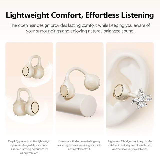 Alt view image 7 of 7 - Open Ear Clip on Earbuds Bluetooth 6.0, Powder Case with LED Mirror, Detachable Crystal Butterfly Ear Clips & Bracelet, IPX6 40H Playtime, Cute Wireless Earbuds for Women Girls GiftsSkin