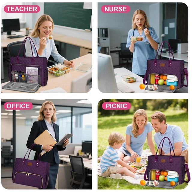 Alt view image 4 of 7 - Lunch Tote Bag for Women, Work Laptop Tote with Insulated Lunch Box 15.6 Inch Large Capacity Multi-Pockets, 2 in 1 Lunch Bag and Work Tote for Teacher Nurse, Water-Resistant Nylon, Purple