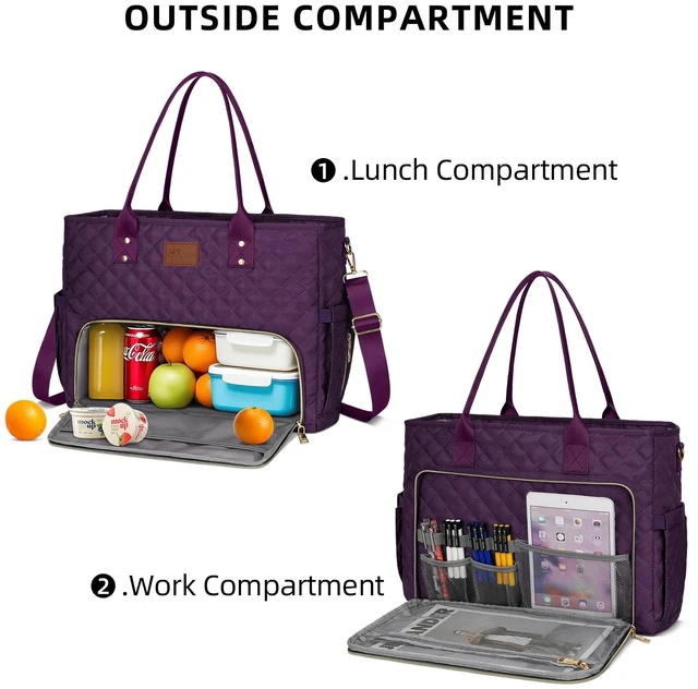 Alt view image 6 of 7 - Lunch Tote Bag for Women, Work Laptop Tote with Insulated Lunch Box 15.6 Inch Large Capacity Multi-Pockets, 2 in 1 Lunch Bag and Work Tote for Teacher Nurse, Water-Resistant Nylon, Purple