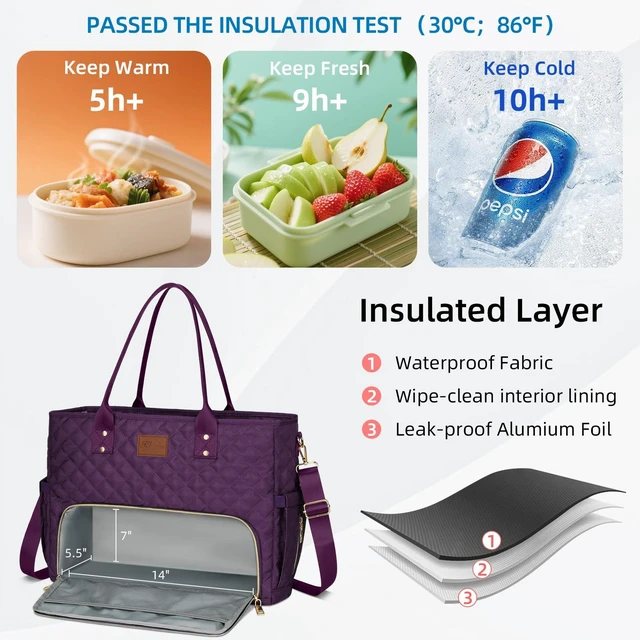 Alt view image 3 of 7 - Lunch Tote Bag for Women, Work Laptop Tote with Insulated Lunch Box 15.6 Inch Large Capacity Multi-Pockets, 2 in 1 Lunch Bag and Work Tote for Teacher Nurse, Water-Resistant Nylon, Purple