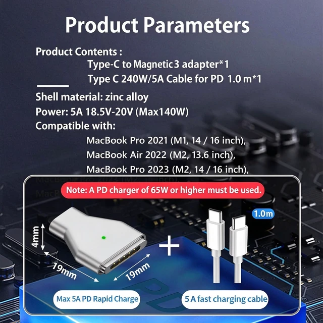 Alt view image 2 of 7 - USB C to Magnetic 3 140W Charging Adapter Safe 3 Compatible with MacBook Pro 2023 (M2, 14/16 inch), MacBook Air 2022 (M2), MacBook Pro 2021 (M1, 14/16 inch) with 240W USB C Cable