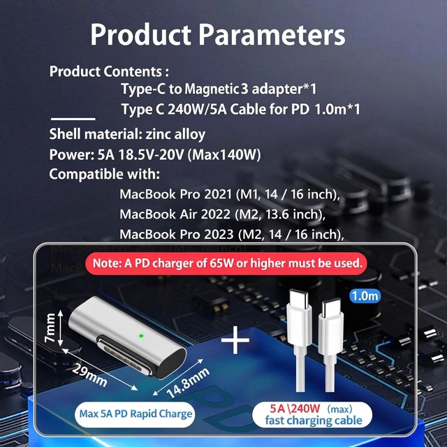 Alt view image 2 of 7 - USB C to Magnetic 3 140W Charging Adapter Safe 3 Compatible with MacBook Pro 2023 (M2, 14/16 inch), MacBook Air 2022 (M2), MacBook Pro 2021 (M1, 14/16 inch) with 240W USB C Cable