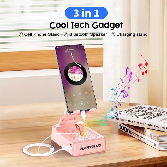Alt view image 2 of 7 - Gifts for Men Women,Cell Phone Stand with Bluetooth Speaker,Cool Tech Gadgets,Unique Birthday Gifts for Men Husband Mom Dad-Pink