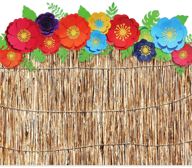 Main image of 22 Pcs Hawaiian Beach Backdrop Paper Flower Decor, 5.9 X 3.6ft, Reed 2 Hawaiian Backdrop 3D Hibiscus Paper Flower Palm Leaves for Aloha Luau Summer Party Decorations