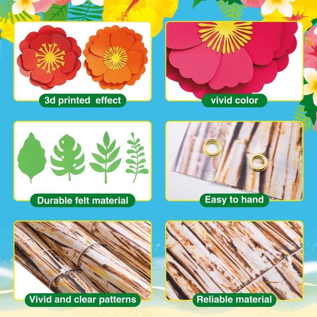 Alt view image 3 of 6 - 22 Pcs Hawaiian Beach Backdrop Paper Flower Decor, 5.9 X 3.6ft, Reed 2 Hawaiian Backdrop 3D Hibiscus Paper Flower Palm Leaves for Aloha Luau Summer Party Decorations