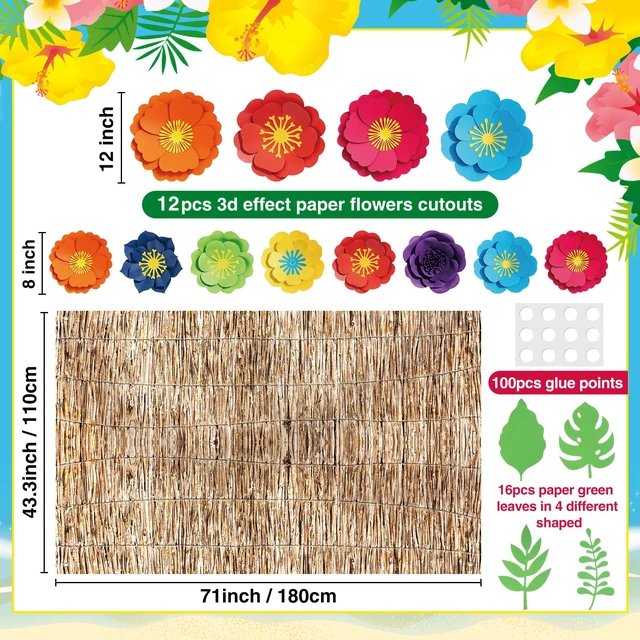 Alt view image 2 of 6 - 22 Pcs Hawaiian Beach Backdrop Paper Flower Decor, 5.9 X 3.6ft, Reed 2 Hawaiian Backdrop 3D Hibiscus Paper Flower Palm Leaves for Aloha Luau Summer Party Decorations