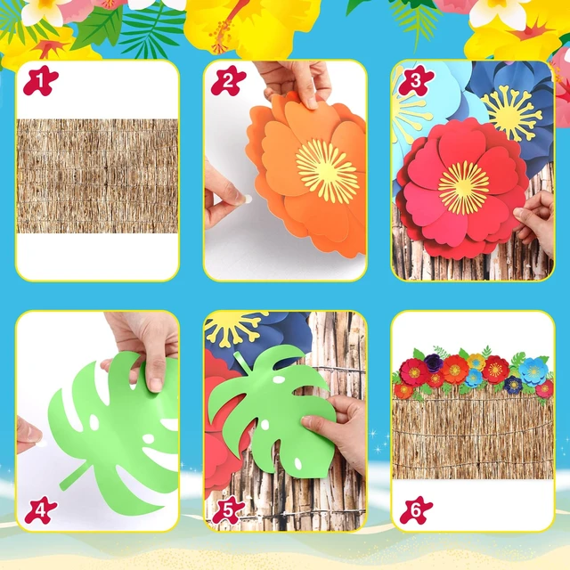 Alt view image 4 of 6 - 22 Pcs Hawaiian Beach Backdrop Paper Flower Decor, 5.9 X 3.6ft, Reed 2 Hawaiian Backdrop 3D Hibiscus Paper Flower Palm Leaves for Aloha Luau Summer Party Decorations