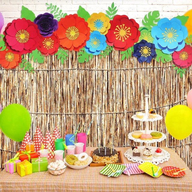 Alt view image 5 of 6 - 22 Pcs Hawaiian Beach Backdrop Paper Flower Decor, 5.9 X 3.6ft, Reed 2 Hawaiian Backdrop 3D Hibiscus Paper Flower Palm Leaves for Aloha Luau Summer Party Decorations