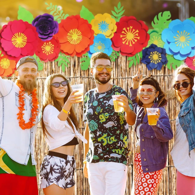 Alt view image 6 of 6 - 22 Pcs Hawaiian Beach Backdrop Paper Flower Decor, 5.9 X 3.6ft, Reed 2 Hawaiian Backdrop 3D Hibiscus Paper Flower Palm Leaves for Aloha Luau Summer Party Decorations