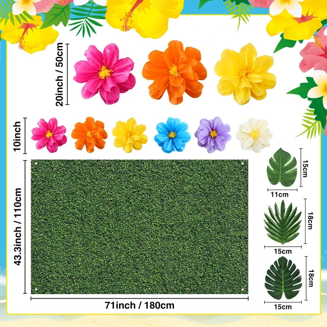 Alt view image 2 of 6 - 22 Pcs Hawaiian Beach Backdrop Paper Flower Decor, 5.9 X 3.6ft, Grassland Hawaiian Backdrop 3D Hibiscus Paper Flower Palm Leaves for Aloha Luau Summer Party Decorations