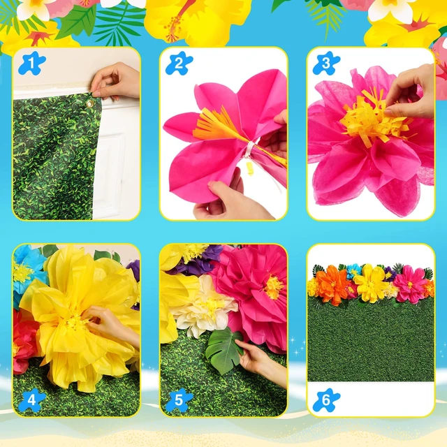 Alt view image 3 of 6 - 22 Pcs Hawaiian Beach Backdrop Paper Flower Decor, 5.9 X 3.6ft, Grassland Hawaiian Backdrop 3D Hibiscus Paper Flower Palm Leaves for Aloha Luau Summer Party Decorations