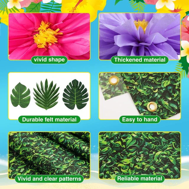 Alt view image 4 of 6 - 22 Pcs Hawaiian Beach Backdrop Paper Flower Decor, 5.9 X 3.6ft, Grassland Hawaiian Backdrop 3D Hibiscus Paper Flower Palm Leaves for Aloha Luau Summer Party Decorations