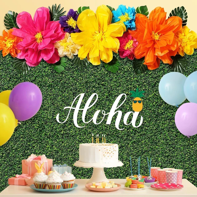 Alt view image 5 of 6 - 22 Pcs Hawaiian Beach Backdrop Paper Flower Decor, 5.9 X 3.6ft, Grassland Hawaiian Backdrop 3D Hibiscus Paper Flower Palm Leaves for Aloha Luau Summer Party Decorations