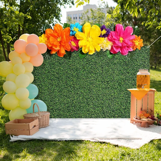 Alt view image 6 of 6 - 22 Pcs Hawaiian Beach Backdrop Paper Flower Decor, 5.9 X 3.6ft, Grassland Hawaiian Backdrop 3D Hibiscus Paper Flower Palm Leaves for Aloha Luau Summer Party Decorations