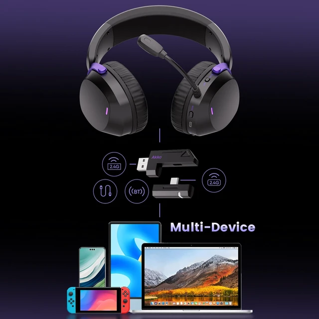 Alt view image 6 of 7 - GH300 Wireless Gaming Headphone, Quad-Mode Connectivity Black Headset with 50mm Drivers, Virtual 7.1 Surround Sound, Noise Cancelling Mic, RGB Lights Compatible with Laptop, Desktops