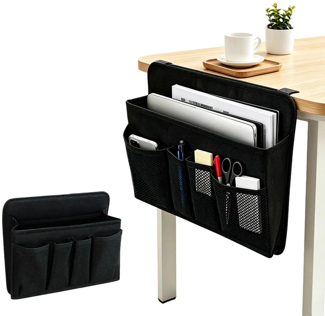 Main image of Desk Side Storage, Sesktop Storage Pouch, Drill-free Laptop Holder, Clip-on Multifunctional Laptop Stand with Pen Holder, Hanging Desktop Storage Rack Flat Desks Edges up to 1.22" Thick