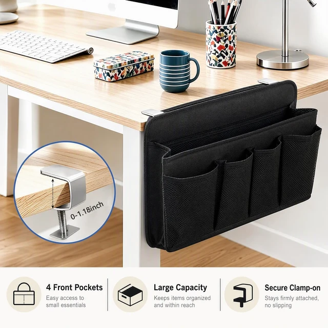 Alt view image 3 of 7 - Desk Side Storage, Sesktop Storage Pouch, Drill-free Laptop Holder, Clip-on Multifunctional Laptop Stand with Pen Holder, Hanging Desktop Storage Rack Flat Desks Edges up to 1.22" Thick