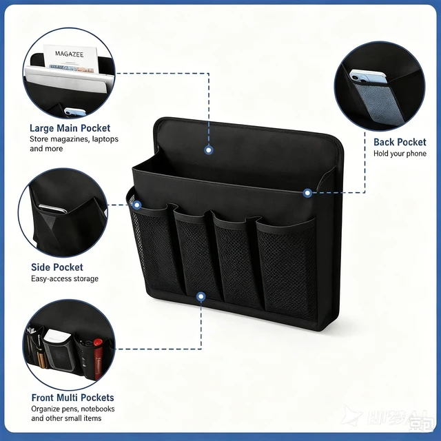 Alt view image 4 of 7 - Desk Side Storage, Sesktop Storage Pouch, Drill-free Laptop Holder, Clip-on Multifunctional Laptop Stand with Pen Holder, Hanging Desktop Storage Rack Flat Desks Edges up to 1.22" Thick
