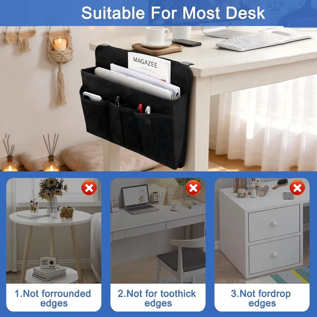 Alt view image 5 of 7 - Desk Side Storage, Sesktop Storage Pouch, Drill-free Laptop Holder, Clip-on Multifunctional Laptop Stand with Pen Holder, Hanging Desktop Storage Rack Flat Desks Edges up to 1.22" Thick
