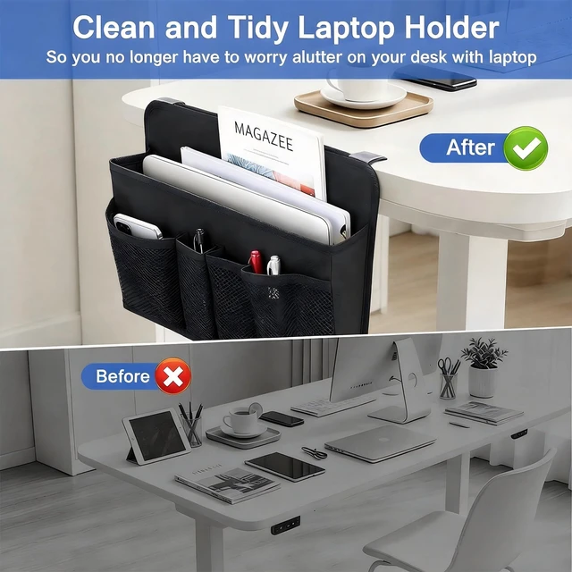 Alt view image 6 of 7 - Desk Side Storage, Sesktop Storage Pouch, Drill-free Laptop Holder, Clip-on Multifunctional Laptop Stand with Pen Holder, Hanging Desktop Storage Rack Flat Desks Edges up to 1.22" Thick