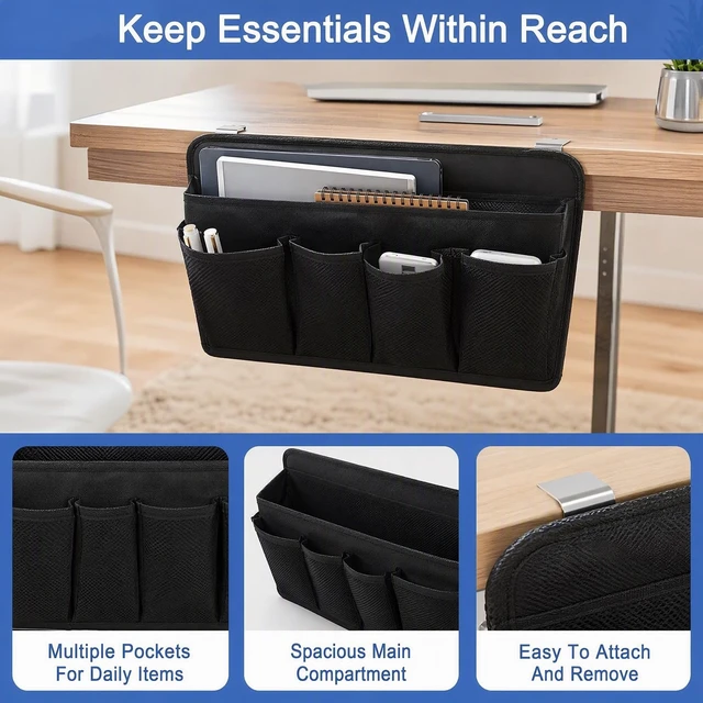 Alt view image 7 of 7 - Desk Side Storage, Sesktop Storage Pouch, Drill-free Laptop Holder, Clip-on Multifunctional Laptop Stand with Pen Holder, Hanging Desktop Storage Rack Flat Desks Edges up to 1.22" Thick