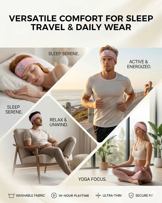 Alt view image 7 of 7 - Bluetooth 5.4 Sleep Headphones - 3-in-1 Wireless Music Sleep Headphones Featuring Ultra-Thin Stereo Speakers, Designed for Side Sleepers, Meditation, Travel, and Sports (Cherry Blossom Pink)