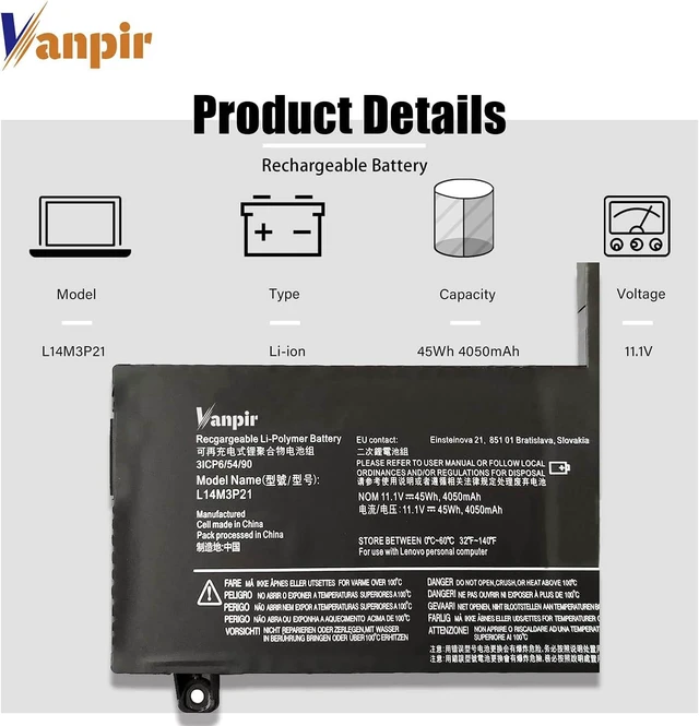 Alt view image 2 of 6 - L14M3P21 Laptop Battery 11.1V 45Wh 4050mAh Replacement for Lenovo IdeaPad 310S 320S 500S 510S 520S Edge 2-1580 Flex 3 1470 1480 Flex 4 1570 1580 Series L14L3P21