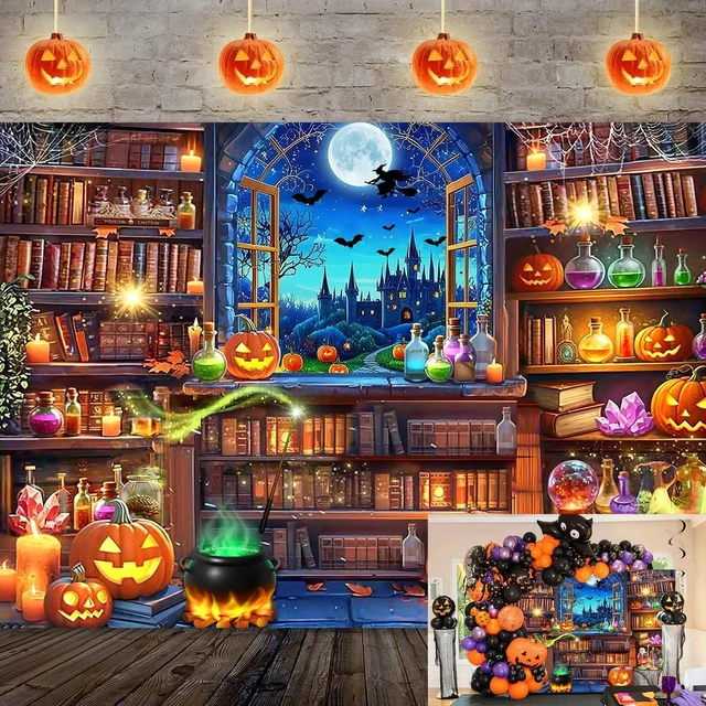 Main image of Halloween Magic Photography Backdrop Halloween Window Bookshelf Banner 8x6FT Halloween Pumpkin Background,Witch Spooky Castle Banner, Kids Adults Hallowmas Magic Party Decorations Supplies