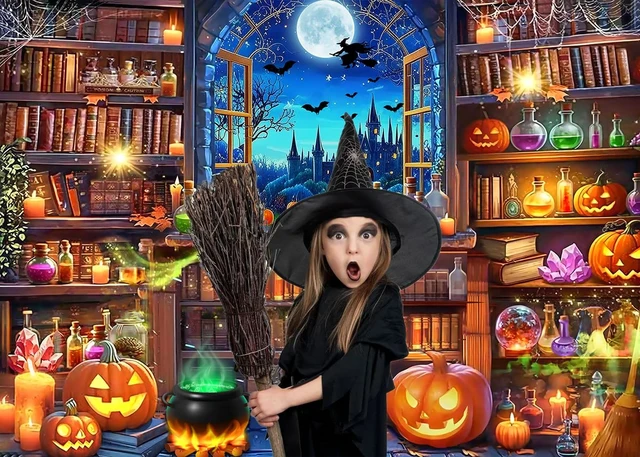 Alt view image 3 of 7 - Halloween Magic Photography Backdrop Halloween Window Bookshelf Banner 8x6FT Halloween Pumpkin Background,Witch Spooky Castle Banner, Kids Adults Hallowmas Magic Party Decorations Supplies