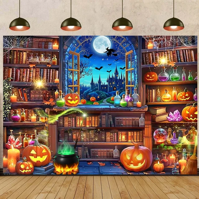 Alt view image 2 of 7 - Halloween Magic Photography Backdrop Halloween Window Bookshelf Banner 8x6FT Halloween Pumpkin Background,Witch Spooky Castle Banner, Kids Adults Hallowmas Magic Party Decorations Supplies