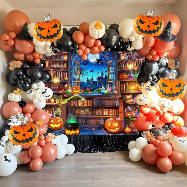 Alt view image 4 of 7 - Halloween Magic Photography Backdrop Halloween Window Bookshelf Banner 8x6FT Halloween Pumpkin Background,Witch Spooky Castle Banner, Kids Adults Hallowmas Magic Party Decorations Supplies
