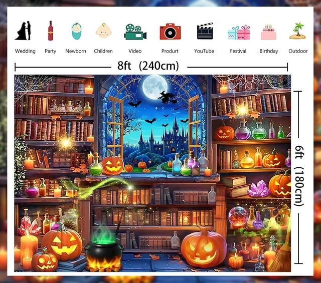 Alt view image 6 of 7 - Halloween Magic Photography Backdrop Halloween Window Bookshelf Banner 8x6FT Halloween Pumpkin Background,Witch Spooky Castle Banner, Kids Adults Hallowmas Magic Party Decorations Supplies