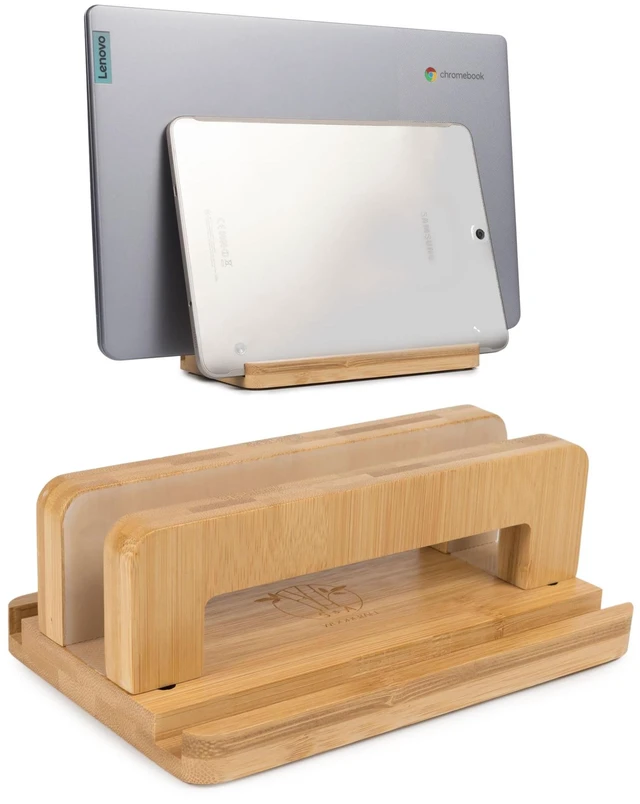 Main image of 3 Slots Bamboo Wood Vertical Laptop Stand, Adjustable Wooden Laptop Holder, Non-Slip Laptop Dock Compatible with Apple MacBook, Microsoft Surface, Gaming Laptops, IPad, Tablets