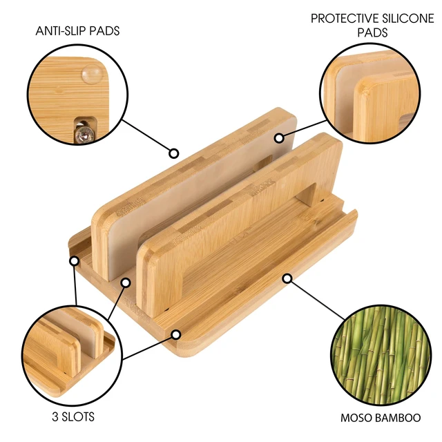 Alt view image 3 of 7 - 3 Slots Bamboo Wood Vertical Laptop Stand, Adjustable Wooden Laptop Holder, Non-Slip Laptop Dock Compatible with Apple MacBook, Microsoft Surface, Gaming Laptops, IPad, Tablets