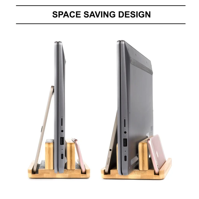 Alt view image 5 of 7 - 3 Slots Bamboo Wood Vertical Laptop Stand, Adjustable Wooden Laptop Holder, Non-Slip Laptop Dock Compatible with Apple MacBook, Microsoft Surface, Gaming Laptops, IPad, Tablets
