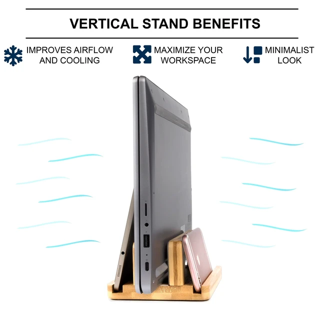 Alt view image 6 of 7 - 3 Slots Bamboo Wood Vertical Laptop Stand, Adjustable Wooden Laptop Holder, Non-Slip Laptop Dock Compatible with Apple MacBook, Microsoft Surface, Gaming Laptops, IPad, Tablets