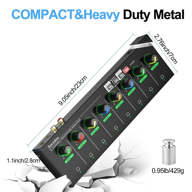 Alt view image 6 of 7 - 8 Channel Headphone Amplifier, 16 Outputs Stereo Audio Amplifier Metal Headphone Amp with 1/4", 1/8" & RCA Inputs, RGB Volume Control, Stereo/Mono Switch for Studio, Podcast, Streaming