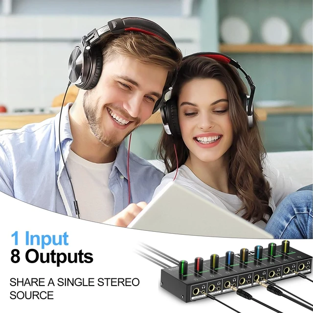 Alt view image 7 of 7 - 8 Channel Headphone Amplifier, 16 Outputs Stereo Audio Amplifier Metal Headphone Amp with 1/4", 1/8" & RCA Inputs, RGB Volume Control, Stereo/Mono Switch for Studio, Podcast, Streaming