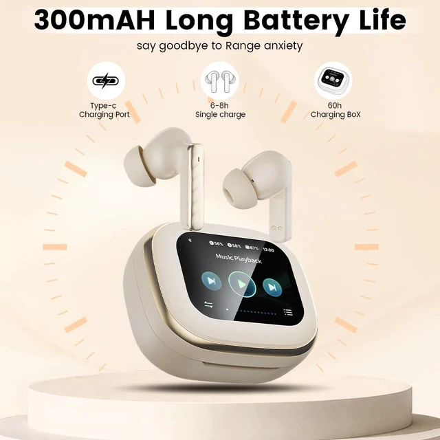 Alt view image 7 of 7 - Wireless Earbuds, Bluetooth 5.4 Headphones in Ear with Smart Touchscreen Case, ANC Noise Cancelling Ear Buds, 60H Playtime for Sports & Working, Bass Stereo Sound for iPhone/Android (Beige)