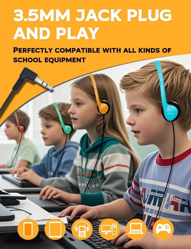 Alt view image 6 of 7 - Kids Headphones Bulk for School Classroom 16 Pack Class Set Headphones for Students Teens Childern Adults. Laptop PC Computer Chromebook. School Testing Learning