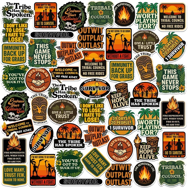 Main image of Survivor Iconic Quotes 50ct Die Cut Vinyl, Tablet, Indoor & Outdoor Use Officially Licensed Survivor Stickers Great for Water Bottles, Skateboards, Luggage, Laptops, Bumpers & Cars