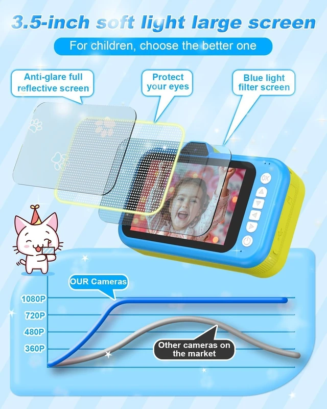 Alt view image 2 of 7 - Kids Camera, 1080P 48MP Front Selfie Toddler Camera, 3.5 inch Big Screen Toy Camera, 10X Zoom in Chritmas Birthday Gift Cameras for Kids Boys Girl Age 2 3 4 5 6 7 8 9 10 11 12, Blue